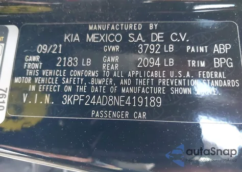 2022 Kia Forte Lxs из США, поврежденный, VIN 3KPF24AD8NE419189